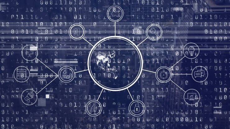 Animation of data processing with globe on blue background