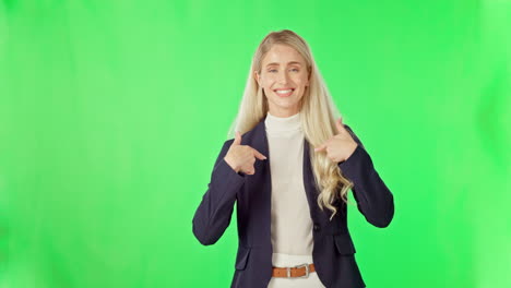 Face,-green-screen-and-woman-pointing