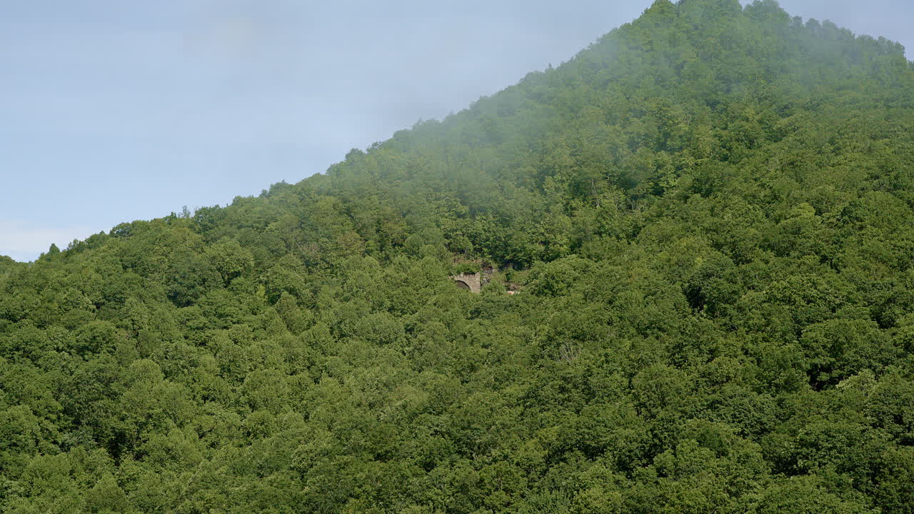 Aerial cinematic glide into mist shrouding the Smokies
