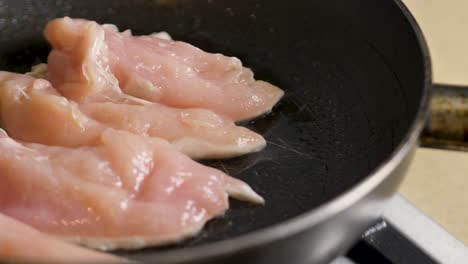 close-up slow motion shot of raw chicken cooking in fry pan stove gas oil cooktop sear heat home kitchen hospitality health food 4k