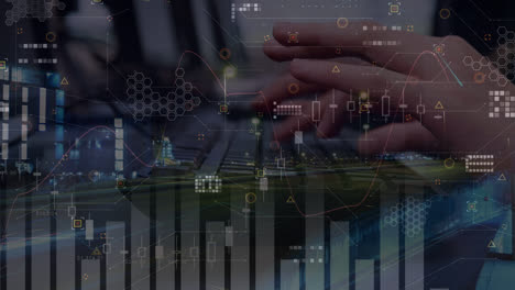 animation of data processing and cityscape over hands typing on keyboard