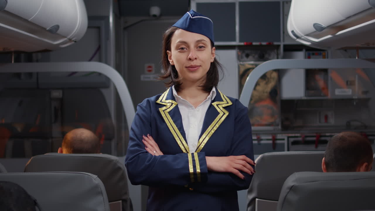 Portrait of female flight attendant sitting on airplane aisle