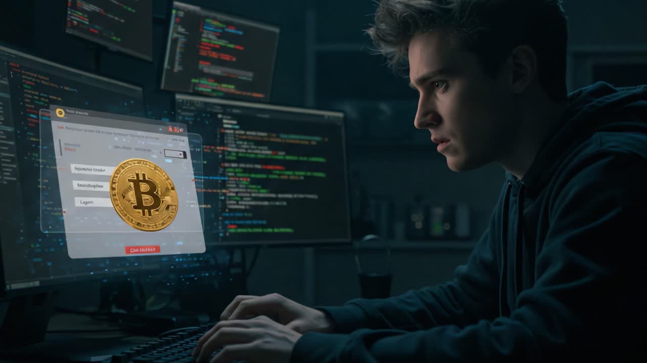 A Young Programmer Engaged in Cryptocurrency Analysis on Multiple Monitors, Exploring Bitcoin and Coding in a Dark Themed Environment