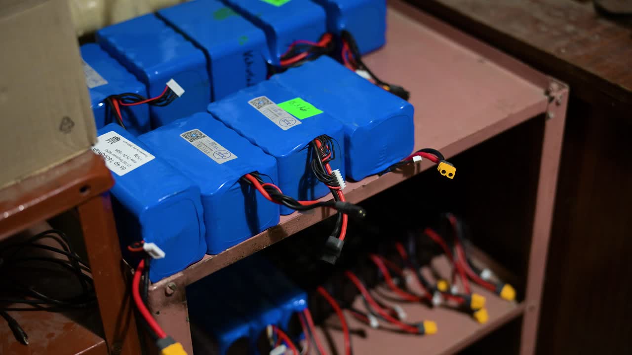A look at the logistical backbone of Ukraine's drone program. Shelves are filled with custom battery packs, a key component in the mass production of combat drones