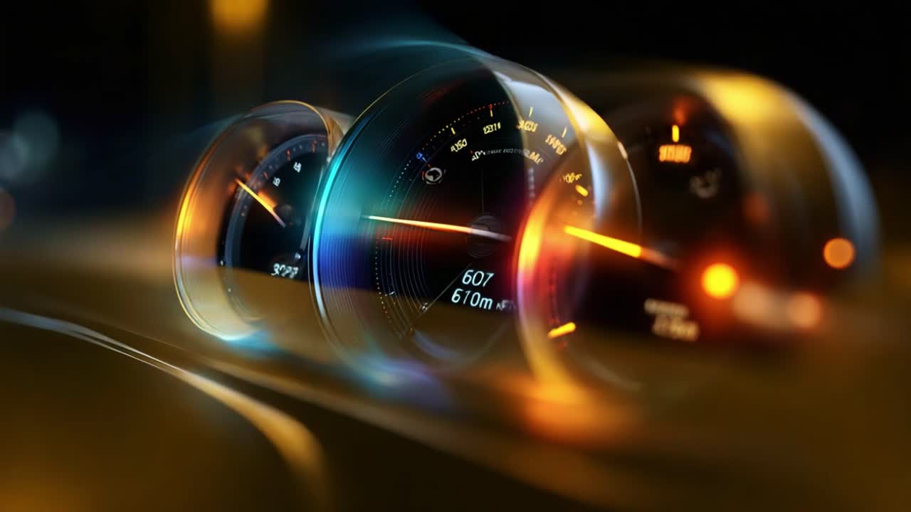 Dynamic Display of Speed and Performance: Captivating Close-Up of Automotive Instrument Cluster Showcasing Speedometer and Tachometer with Energetic Lighting Effects at Night