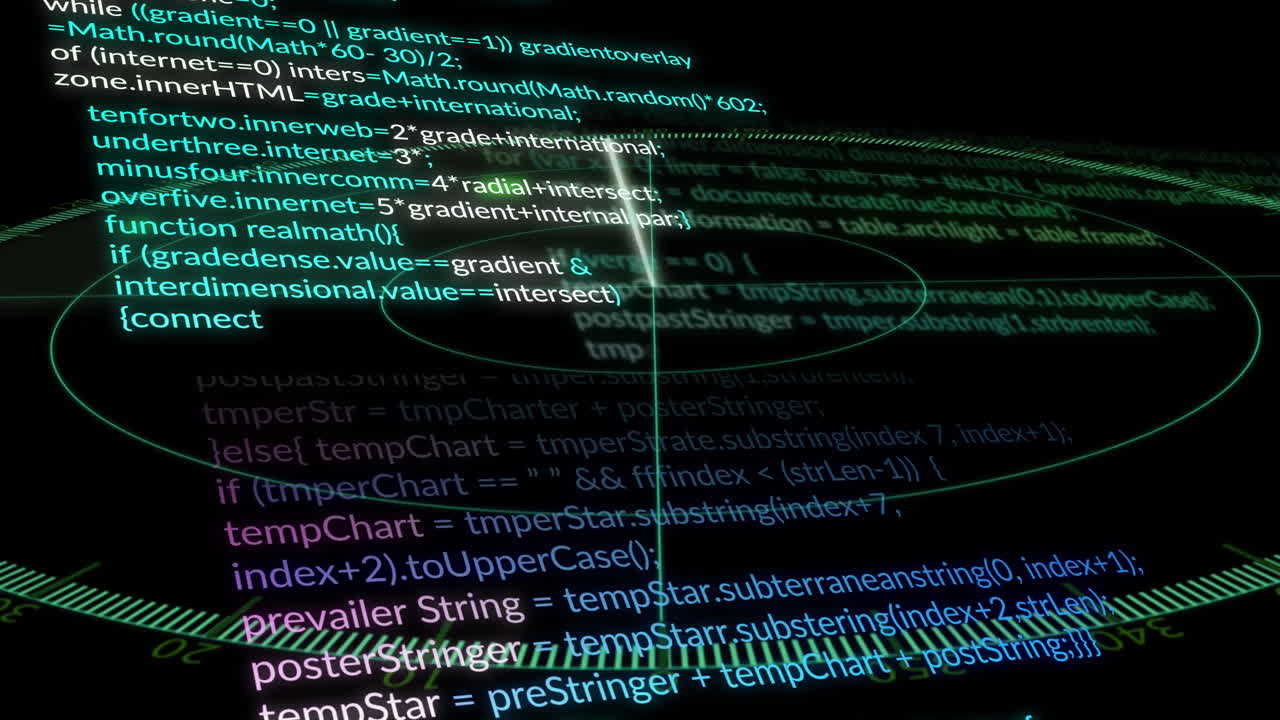 Computer code and data processing animation over dark background with glowing text
