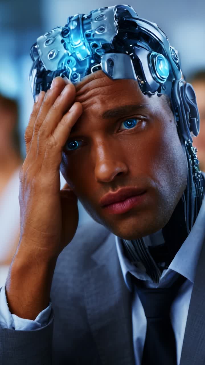 A thought-provoking depiction of a humanoid cyborg experiencing an emotional conflict, blending advanced technology with human expressions and intricate design