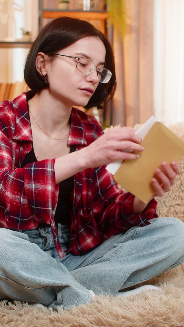 Woman writing heartfelt letter on paper at home smiling with emotion before sealing it in envelope