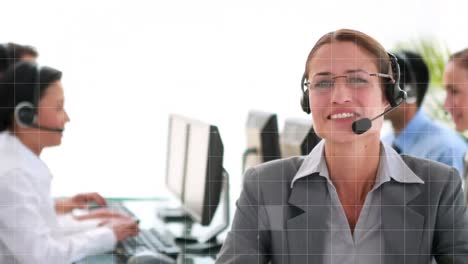 Animation-of-data-processing-over-caucasian-businesswoman-using-phone-headset