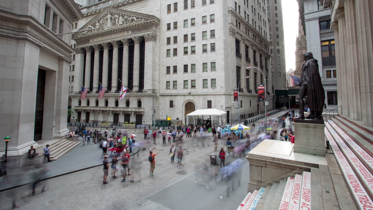 Busy Wall Street Scene with New York Stock Exchange and Federal Hall