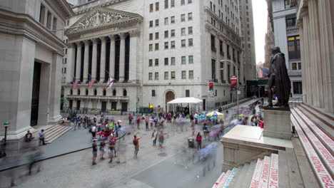 busy wall street scene with new york stock exchange and federal hall