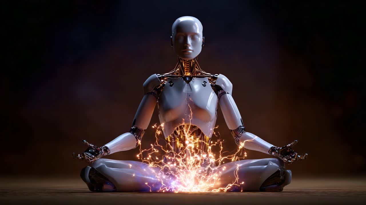 Meditazione robotica ipnotica: una figura automatizzata futuristica che raggiunge tranquillità e potenza tra un'ondata di energia e scintille elettriche in una posa dinamica