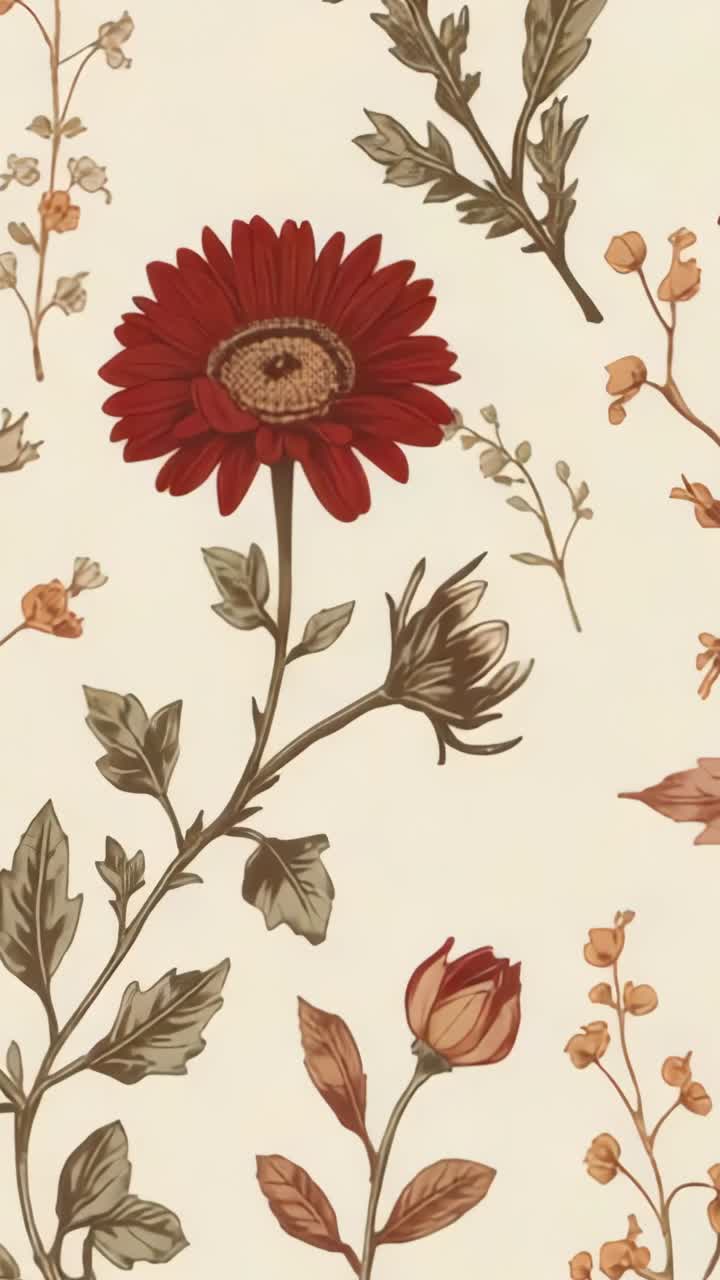 Vertical video: At start daisy-like bloom shifting through warm tones on cream backdrop with sprigs