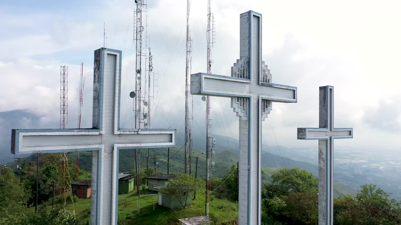 Close up Aerial shot of the Three crosses mountain in Cali-Colombia