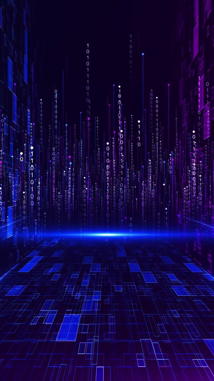 Cybernetyczny tunel danych, pionowe strumienie kodu, jarząca się siatka technologiczna, tworząca wciągającą, mocną futurystyczną przestrzeń.
