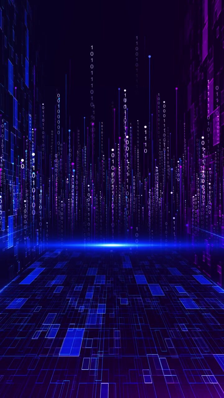 Tunnel di dati cibernetici, flussi di codice verticali, griglia tecnologica luminosa che crea uno spazio futuristico immersivo e potente