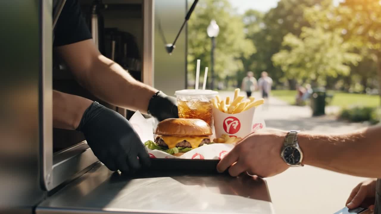 Customer buying cheeseburger and fries at food truck