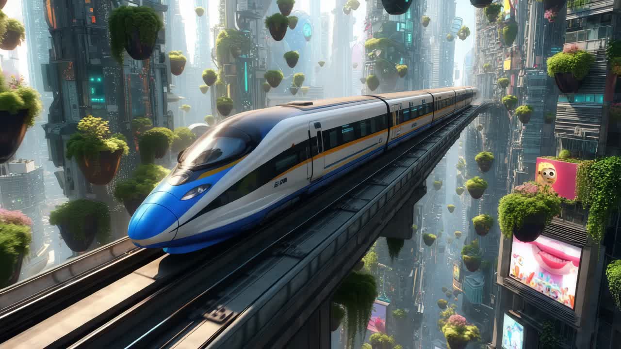 호버 열차와 떠다니는 정원이 있는 미래의 도시