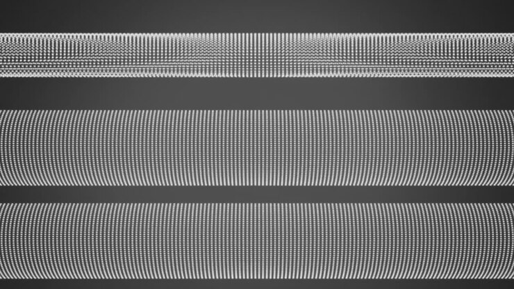 Animation of network of moving and crossing mesh lines of flow of information on grey background
