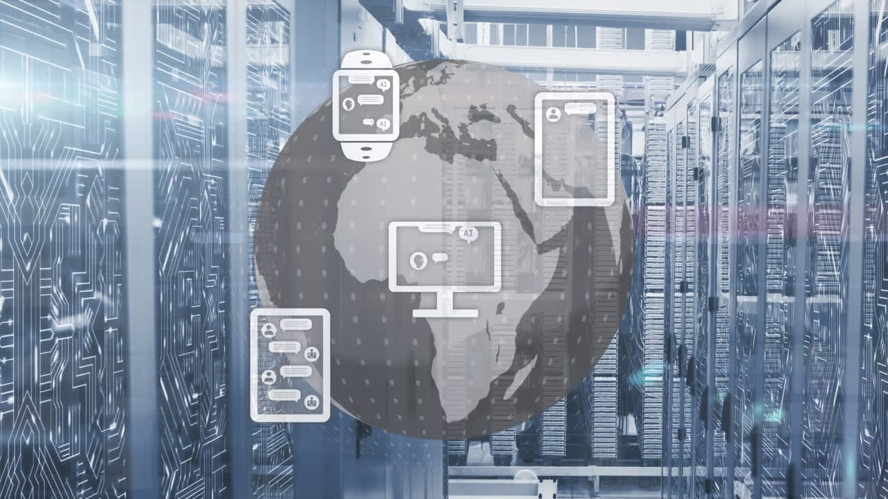 animación de iconos digitales sobre el globo giratorio y el punto de luz contra la sala del servidor de la computadora