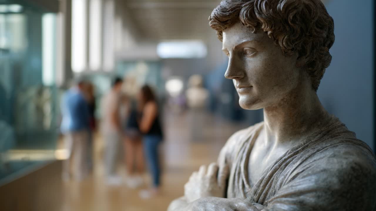 Uno sguardo accattivante a una statua di marmo che raffigura forza e bellezza giovanile in un contesto museale, circondata da visitatori intenti a esplorare.