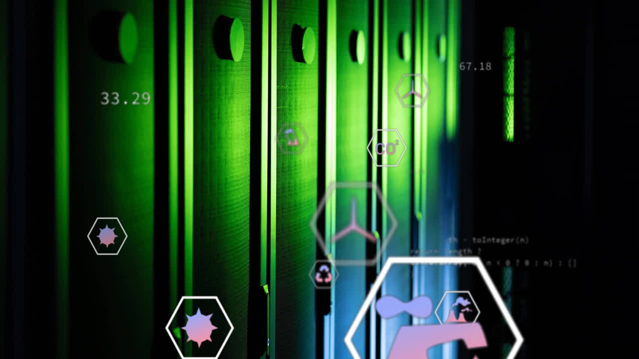 анимация эко-икон и обработка данных через компьютерные серверы.