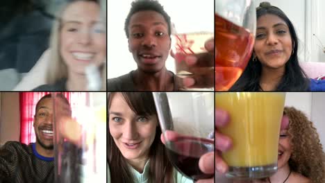 group of six friends saying cheers over video chat