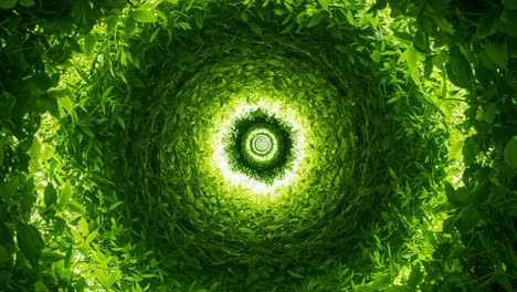 a captivating spiral of lush green leaves forming a natural canopy that invites exploration and represents the beauty of nature's growth and vitality