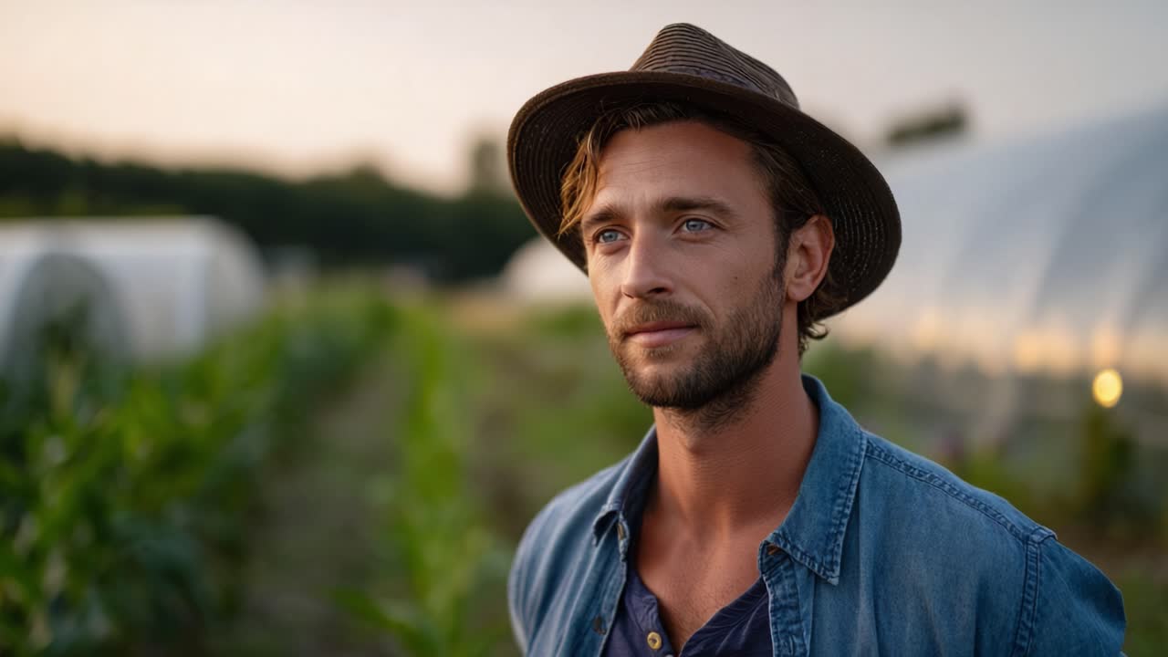 Un agricoltore pensieroso con una camicia di jeans e un cappello riflette sul suo lavoro, circondato da rigogliose colture verdi e un sereno paesaggio agricolo al tramonto.