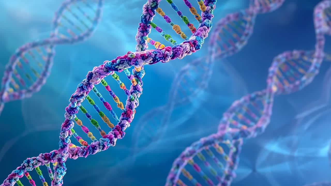 Rotating central DNA helix in molecular simulation, revealing color-coded nucleotide pairs