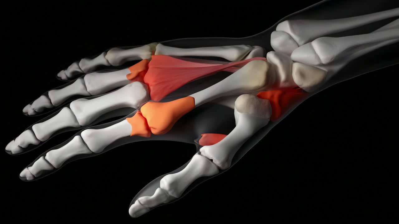 Detailed Anatomical Visualization of a Human Hand Demonstrating the Skeletal and Muscular Structure with Emphasis on Bone Arrangement and Muscle Attachments in a 3D Perspective