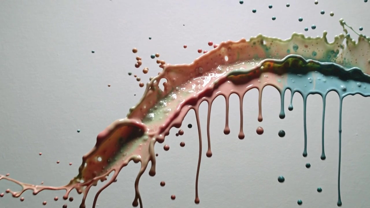 Launching colorful viscous paint arc across light-gray backdrop, breaking into drips under gravity