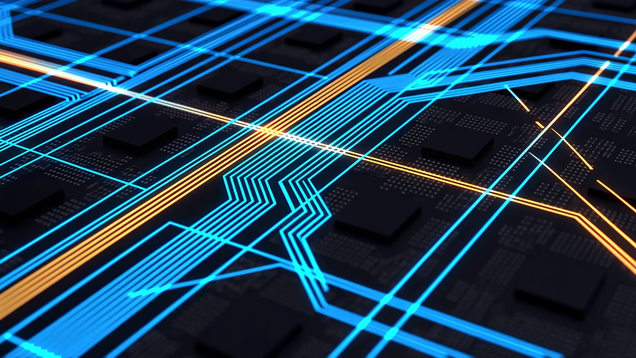 Abstract close-up of a dark circuit board with glowing blue and orange pathways crossing diagonally across raised electronic components in low-key light