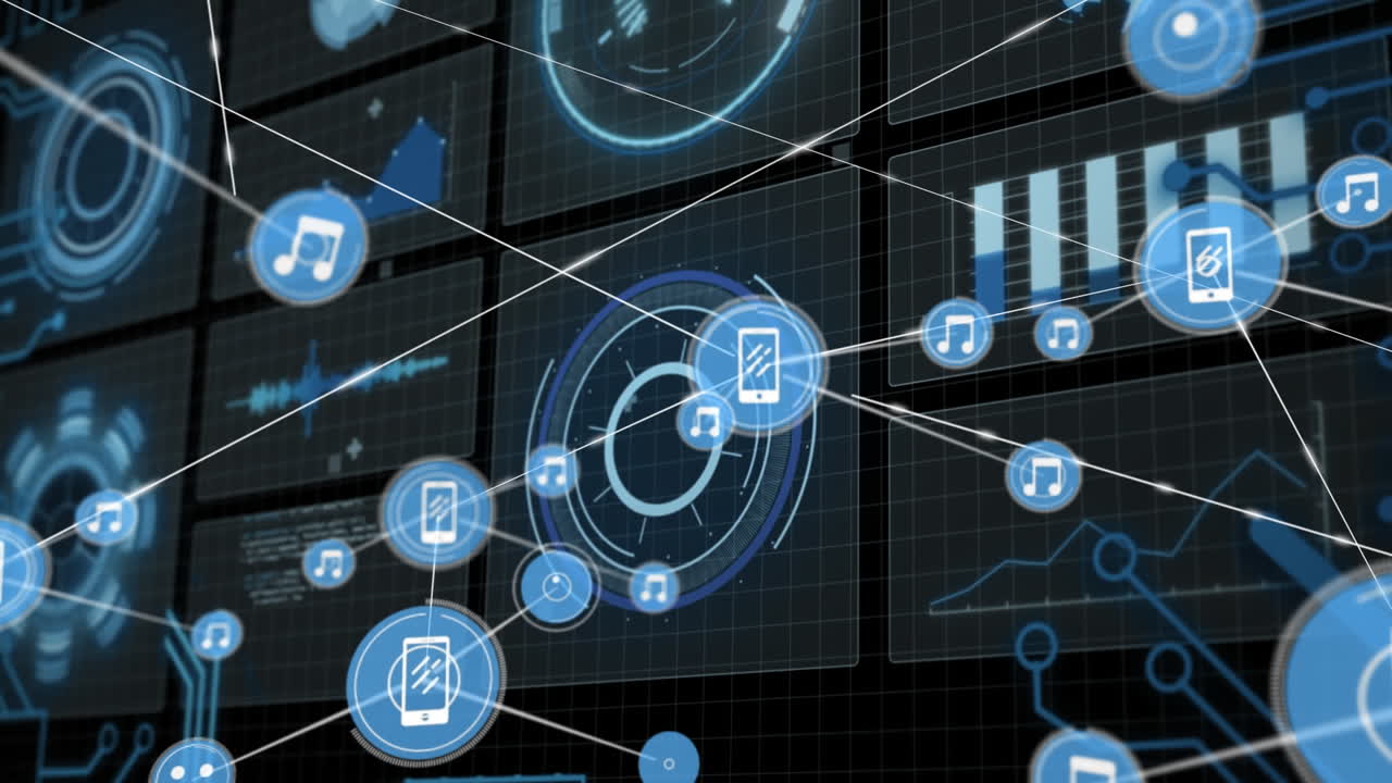 animación de la red de conexiones con iconos sobre el procesamiento de datos