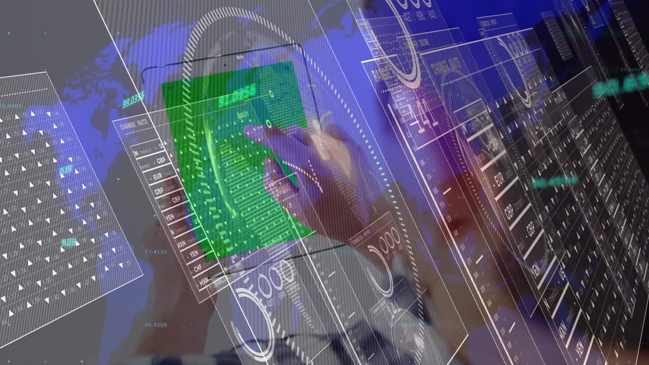 animación de pantalla digital con datos sobre hombre asiático usando tableta con espacio de copia