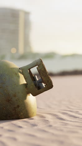 rusty military helmet in the desert