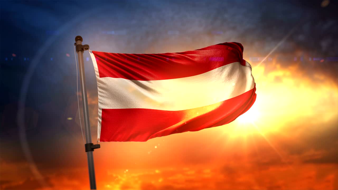 bandera de austria retroiluminada en el hermoso amanecer bucle cámara lenta 4k