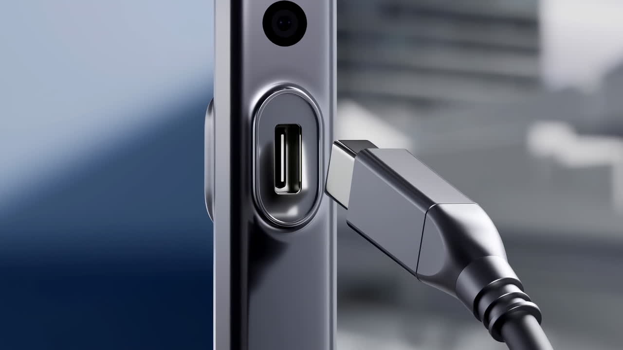 Usb Cable Plugging Into Metal Port, Closeup Of Silver Connector Sliding Into Laptop Side, Sleek Electronics