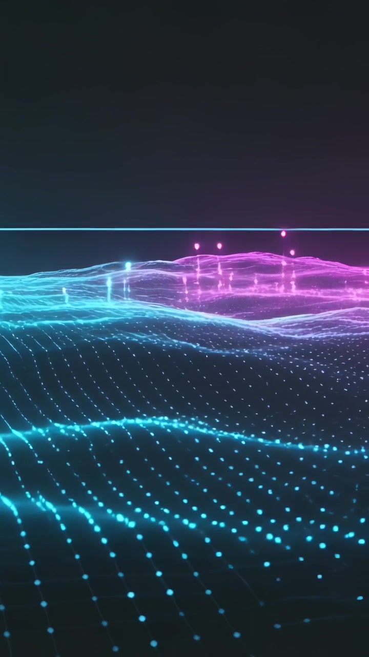 Vertical video: Rippling neon cyan grid moving in neon landscape, frame tick causing magenta ridge