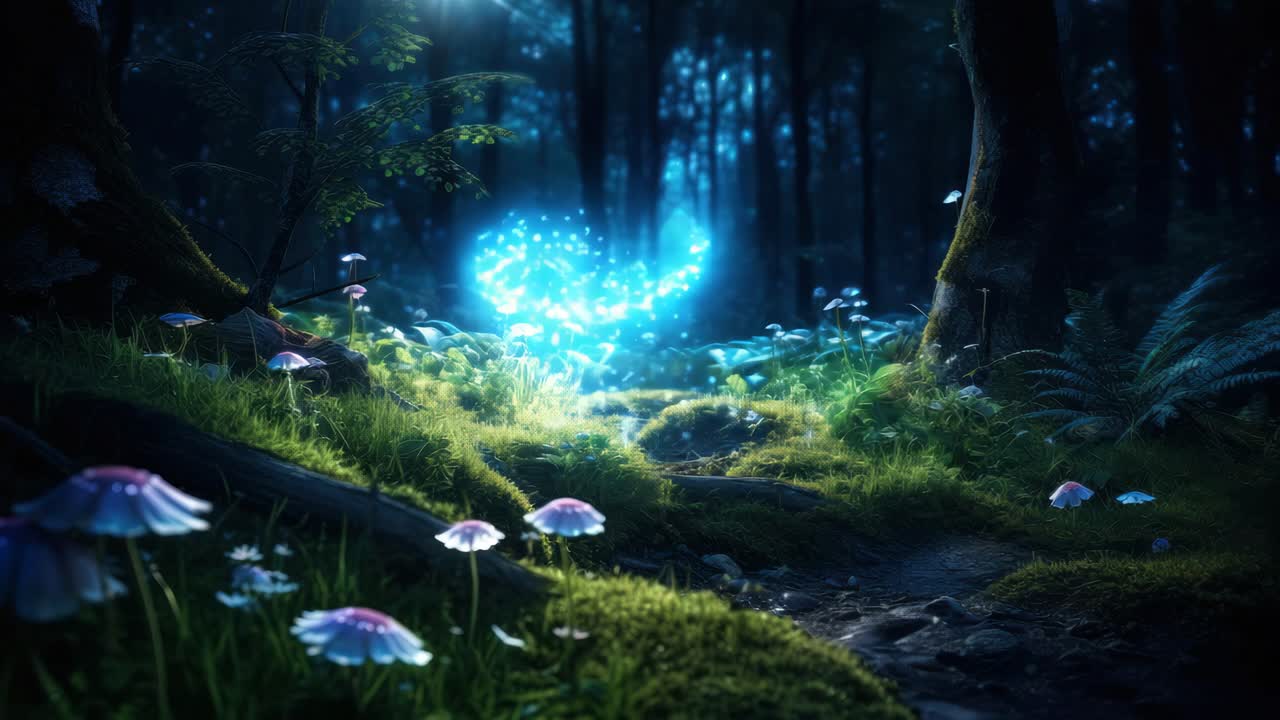 A magical forest scene with glowing blue orbs and mushrooms, captured at eye level