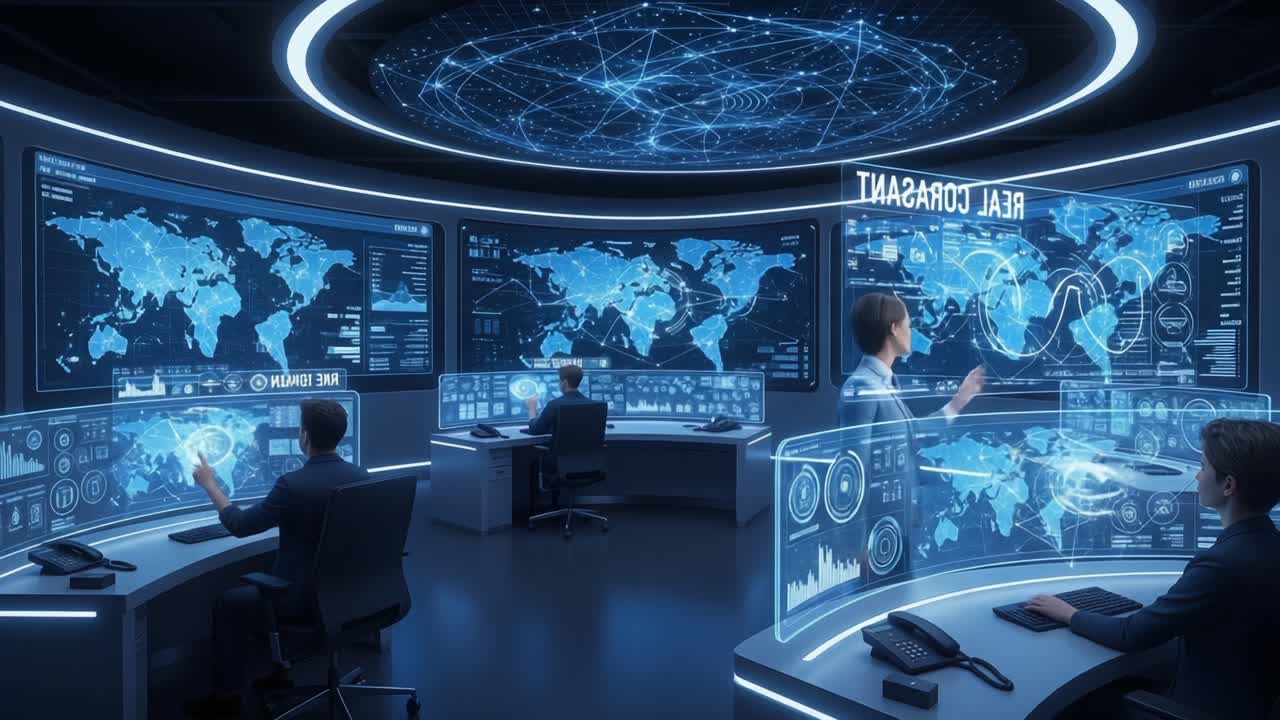 Advanced Command Center with Global Data Visualization: A Showcase of Cutting-Edge Technology and Team Collaboration in a Modern Control Room Environment