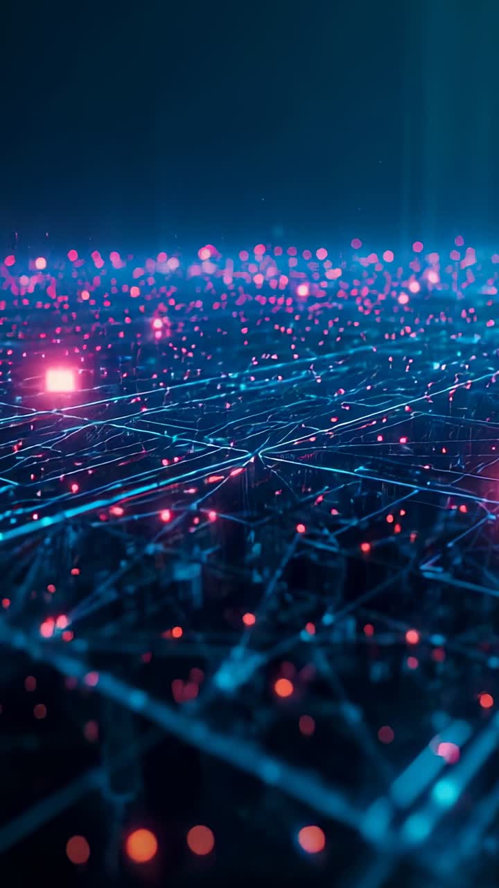 Vertical video: Emerging orange pulses energizing network grid with turquoise lines, magenta nodes