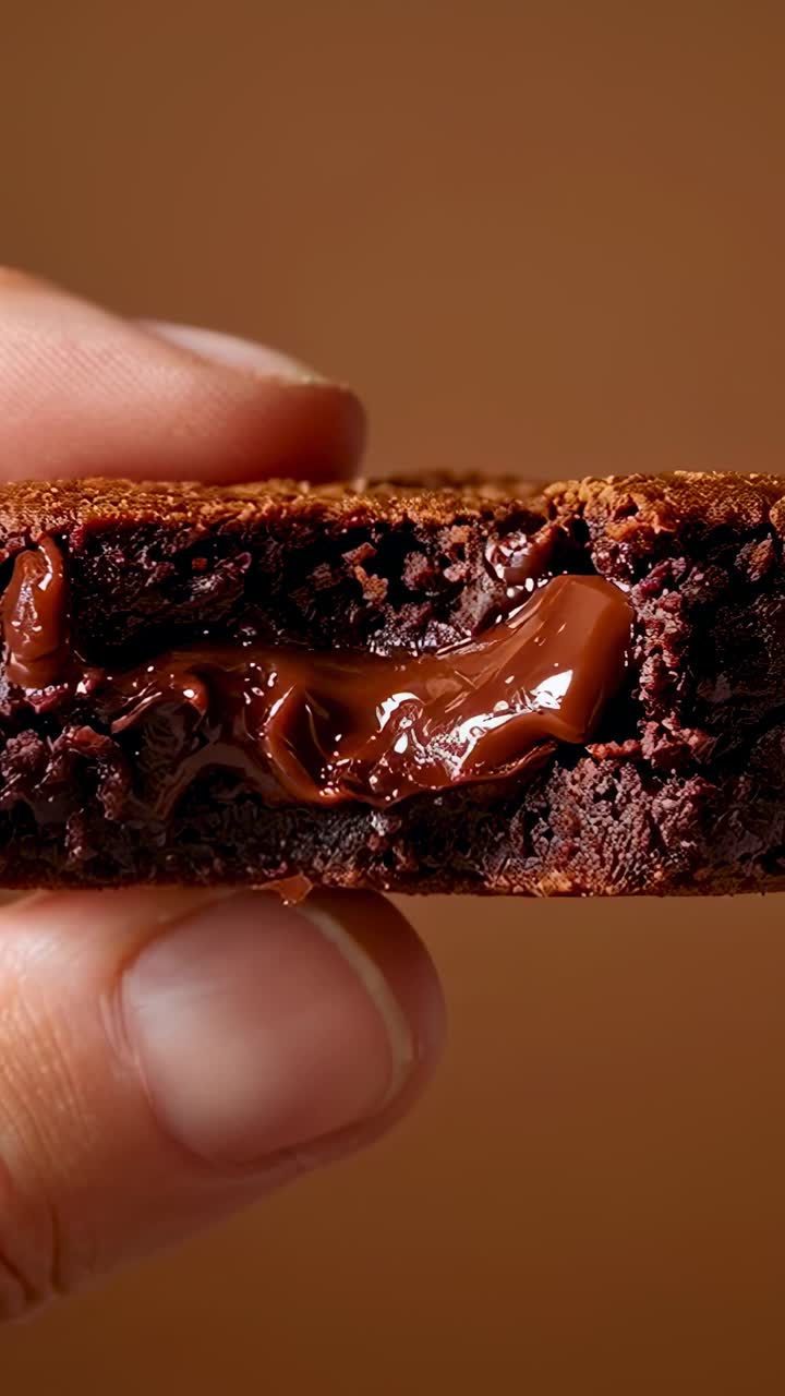 Video verticale: una persona preme due dita su un cioccolatino dimezzato in studio, con il cuore fuso che cola
