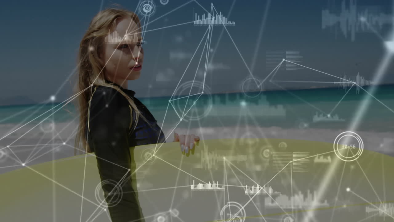 Woman at beach with digital network and data processing overlay animation