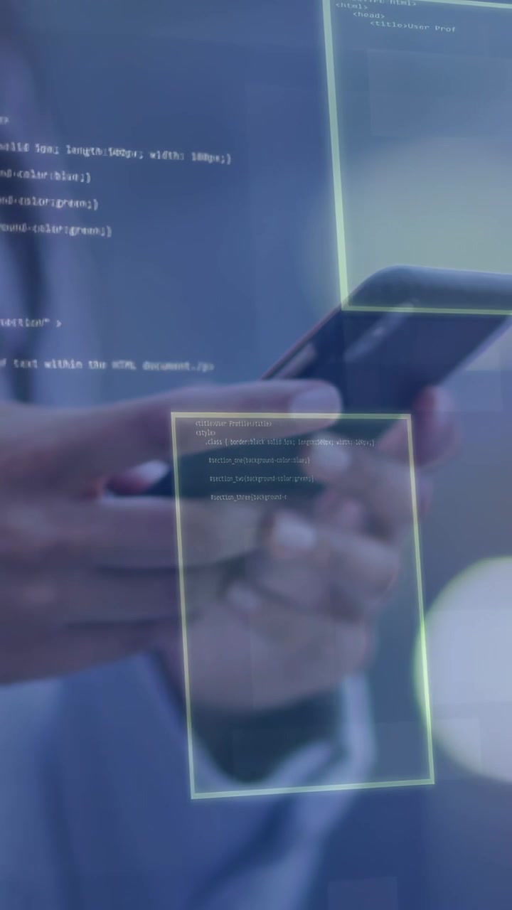 Vertical video: Female hands holding phone, fingertip tapping initiating UI boxes to show data