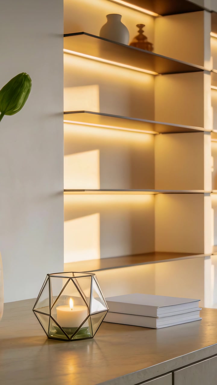 Video verticale: Telecamera che si inclina e stringe l'inquadratura a casa per mostrare un portacandele di vetro, libri e una luce LED.
