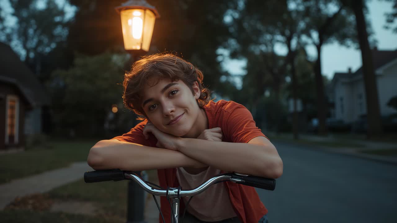Leaning teen on bike smiling as camera approaching street at dusk, wearing red shirt, lamp glowing