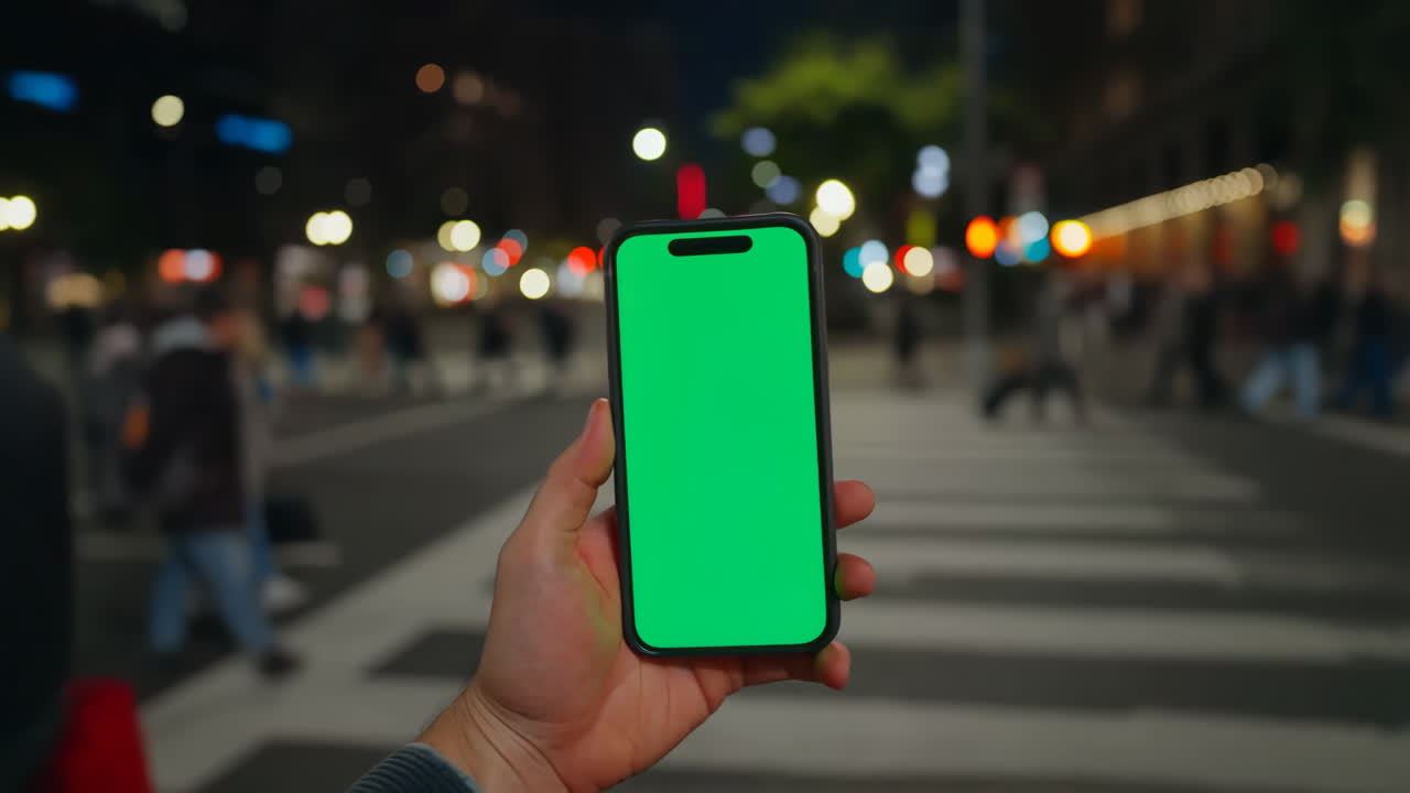 Una mano che tiene uno smartphone con schermo verde in una città trafficata di notte