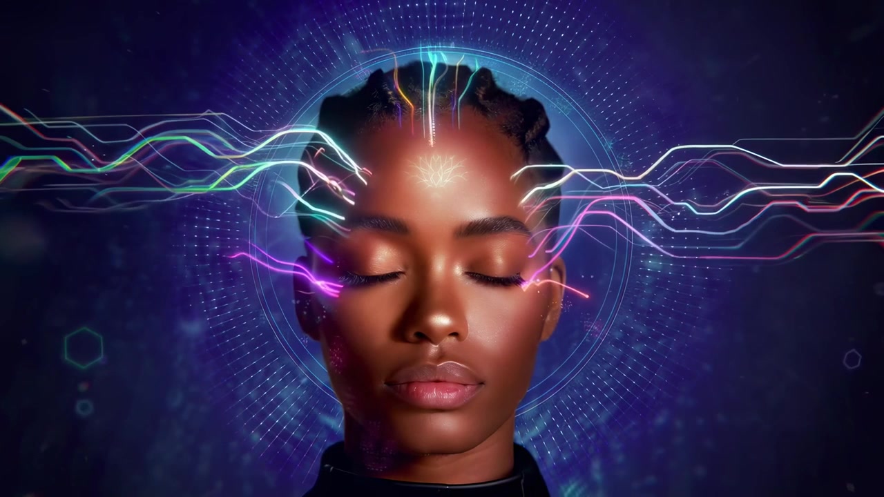 African American Woman Meditating with Digital Brain Activity