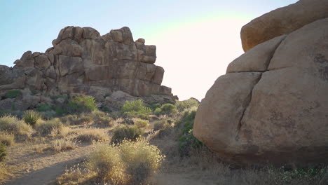 Girl-hiking-in-the-California-national-desert-near-Joshua-tree,-sun-flaring-into-lens,-slow-motion